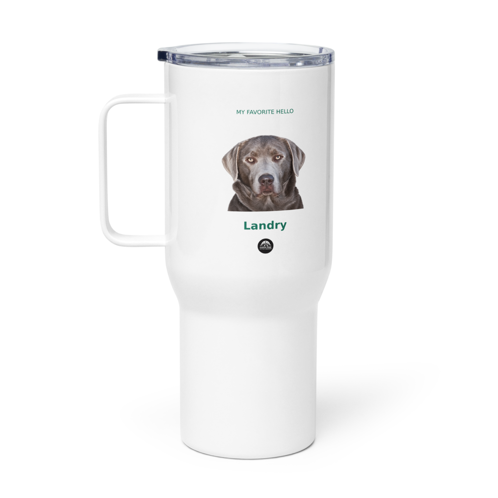 Example travel mug personalized with Landry’s portrait and name